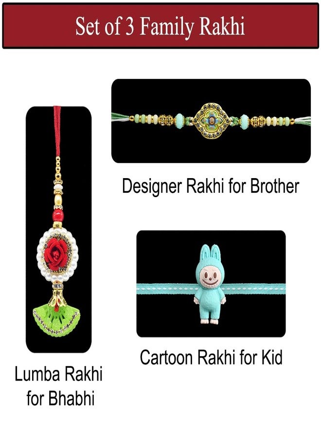 Saugat Traders Family Rakhi Set of 3 for Bhaiya Bhabhi and Kid - Designer Rakhi for Brother - Handmade Lumba - Cartoon Character Roli Chawal Tilak Bottle - Image 2